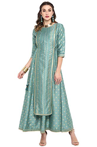 Janasya Indian Women's Light Green Poly Silk Ethnic Dress