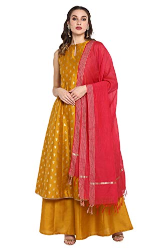 Janasya Indian Women's Mustard Foil Printed Kurta With Palazzo And Dupatta