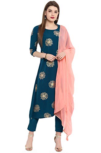 Janasya Indian Women's Tunic Tops Crepe Kurti Set with Dupatta for Women(SET058-KR-NP-L) Turquoise