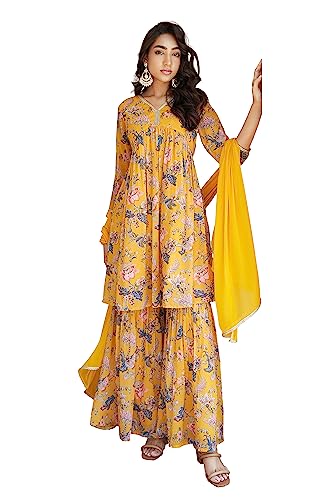 Janasya Indian Women's Yellow Georgette Digital Floral Printed Kurta with Sharara and Dupatta