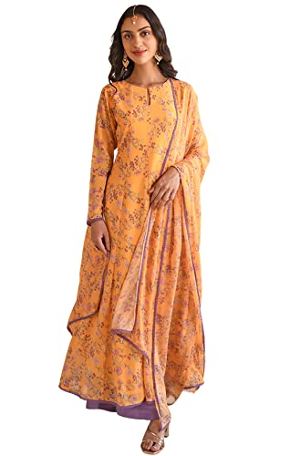 Janasya Indian Women's Yellow Georgette Floral Print Kurta with Flared Palazzo and Dupatta