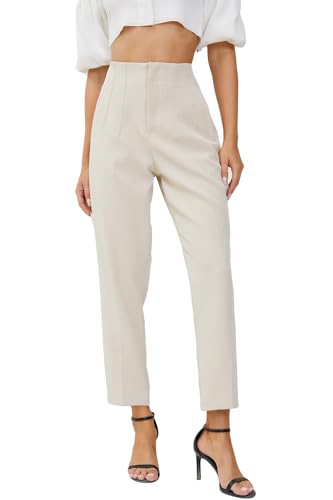 JEAAMKSSER Women's High Waisted Business Trousers Straight Leg Pleated Office Slacks Pants Beige S