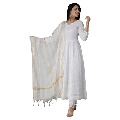 JG JAI GOVINDAM Chikankari Cotton Anarkali Indian Kurti For Women Summer Dress Kurta Pant With Dupatta Set Pakistani Long Kurta-(M) White