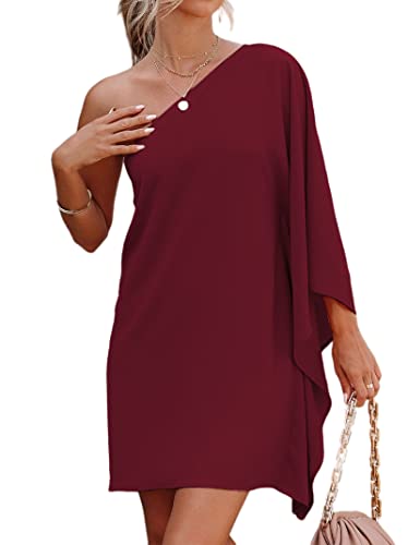 Jhsnjnr Womens One Shoulder Bat Sleeve Wedding Guest Dress Casual Party Cape Sleeve Midi Dress Wine Red