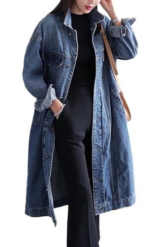 Jofemuho Womens Classic Long Jean Jacket Plus Size Loose Long Sleeve Button Down Denim Jacket Trench Coat Blue 2XL