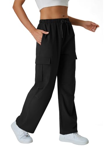 keriffe Women's Cargo Pants Quick Dry Lightweight Water-Resistant Hiking Pants Elastic High Waisted Drawstring 4 Pockets Black