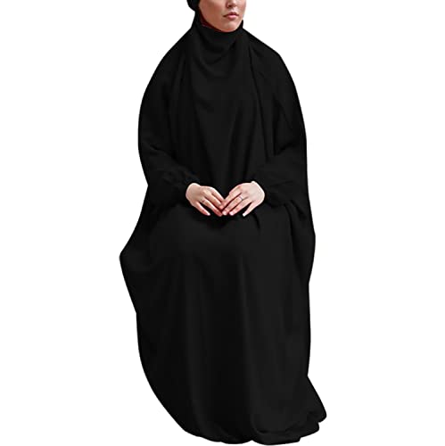 khalat Islamic Women Prayer Dress 1PC Lightweight Arab Bat Sleeve Abaya Modest Maxi Jilbab, Black