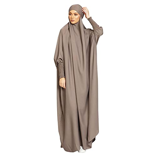 khalat Women's Solid Abaya Muslim Dress One-Piece Full Length Prayer Robe Overall Hijab Thobe Hooded Abaya Dress Grey