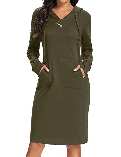 Kimmery Sweatshirt Dress Women, Casual Fall Drawstring V Neck Kangaroo Pocket Hoodie Long Sleeve Buttons Embellished Comfy Jogging Running Working Slim Fit Midi Length Solid Pullover Army Green Small