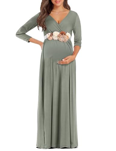 KIM S Maternity Dress Photoshoot Shoot Baby Shower Maxi Boho Fall Pregnancy Clothes for Mommy to Be Cotton (Grey Green L)