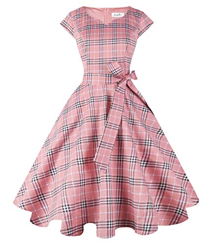 Kingfancy Women Vintage 1950s Dress Retro Cocktail Party Swing Dresses with Cap Sleeves Pink Plaid L