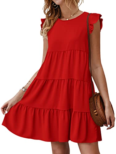 KIRUNDO Valentines Dress for Women Summer Sleeveless Ruffle Sleeve Round Neck Loose Short Flowy Pleated Mini Babydoll Sundresses, Rose Red, Medium