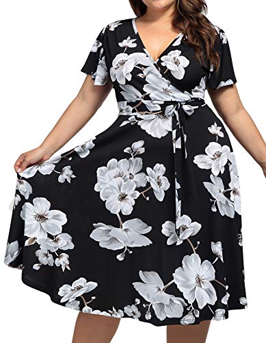 kissmay Plus Size Boho Dress for Women, Floral Print Midi Dresses for Chubby Women Deep V Neck Spring Clothing for Tall Women Maternity Pregnant 1960s Ruched Wedding Dress for Casual Black White 16W