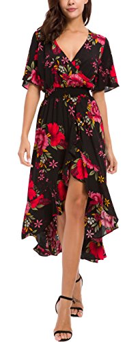 Kormei Womens Short Sleeve Floral High Low V-Neck Flowy Party Long Maxi Dress S Black&Red