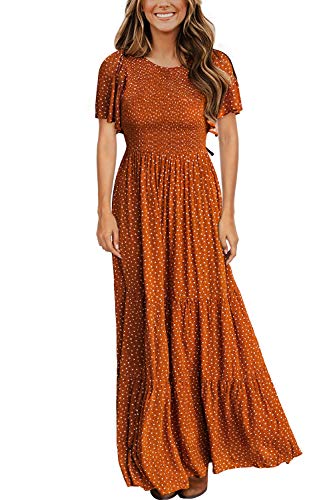 Kranda Summer Dresses for Women 2024 Round Neck Long Beach Dress Fall Dress Short Flutter Sleeve Casual Swing Flowy Ruffle Tiered Smocked Floral Maxi Dress Caramel XL