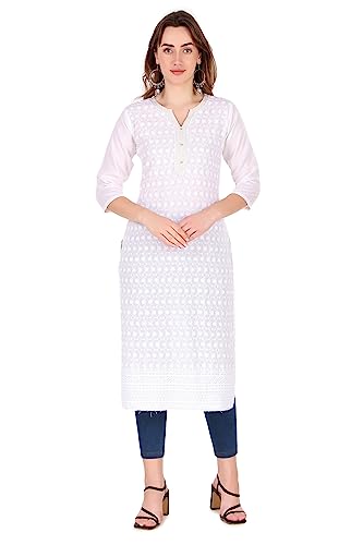 ladyline Womens Rayon Hakoba Chikhan Schiffli Embroidered Tunic Kurti Kurta (White/44)