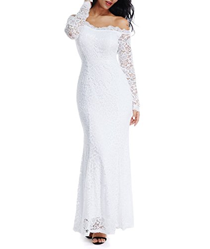 LALAGEN Women's Floral Lace Long Sleeve Off Shoulder Wedding Mermaid Dress White1 XL