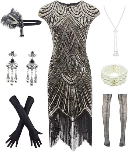 Letter Love Women 1920s Vintage Flapper Fringe Beaded Gatsby Party Dress With 20s Accessories Set (S, Black Gold)