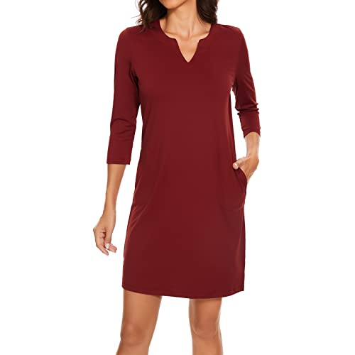 Lightbare Women’s 3/4 Sleeve Dress with Pockets UPF 50+ Casual Sun Dress Breathable Quick Dry for Beach Hiking Outdoors Party Wine Red