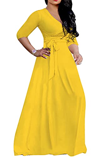 LightlyKiss Plus-Size Maxi Dresses for Women African Summer 3/4 Sleeves Beach Sundress with Pockets Yellow