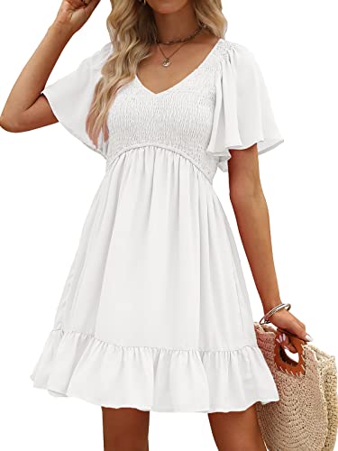 LILLUSORY Women's Flowy Casual Mini Dresses 2024 Summer Smocked V Neck Flutter Sleeve Graduation Dress with Pockets White M