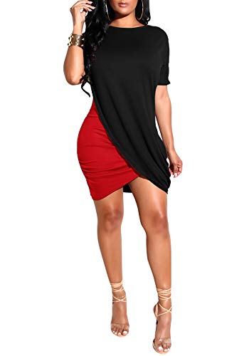 LKOUS Women's Irregular Hem T Shirt Dress, Sexy Casual Mini Dresses,Night Out Outfit for Cocktail F-Black