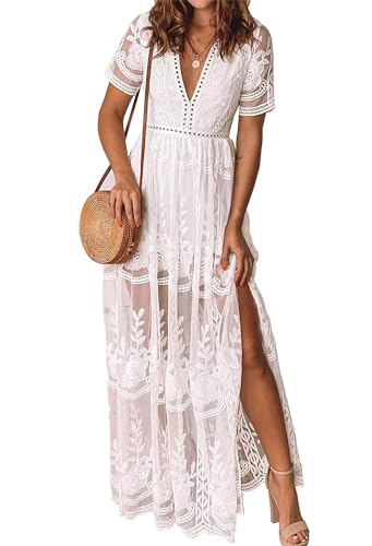 LRISES Womens V Neck White Floral Embroidered Lace Wedding Maxi Dress Boho Short Sleeve Slit Bridesmaid Evening Party Dresses