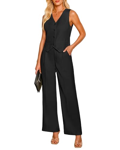 luvamia Pant Suits for Women Dressy Casual 2 Piece Sets Sleeveless Blazer Vest with High Rise Wide Leg Pants Work Office Vest Sets Women 2 Piece Outfits Sets Spring Womens Clothes Black Size 18