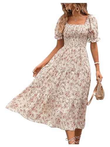 MakeMeChic Women's Allover Floral Print Puff Short Sleeve Midi Summer Dress Ruffle Square Neck High Waist A Line Dress Apricot Small