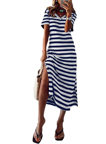 MARZXIN Women 2024 Casual Maxi Dress Short Sleeve V Neck Stripe Sundress Split Loose Long Summer Beach T Shirt Dresses Blue M