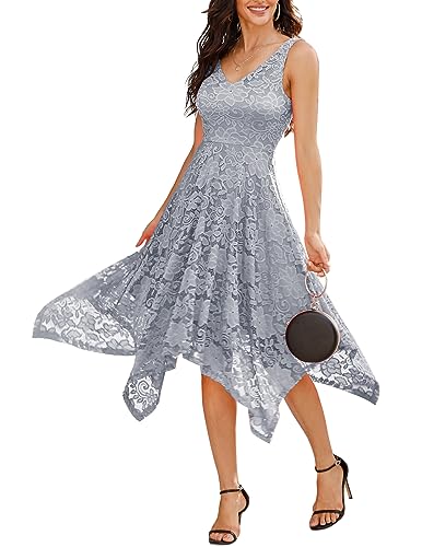 Meetjen Women's Elegant Floral Lace Dress Irregular Hem Fancy Cocktail Flowy Swing Stretchy Midi Dress Grey 2XL