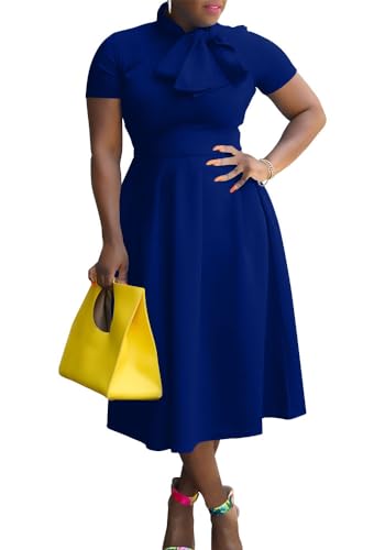 Memoriesea Women's Elegant Casual Short Sleeve Work Party A-Line Dress with Pockets Royal Blue