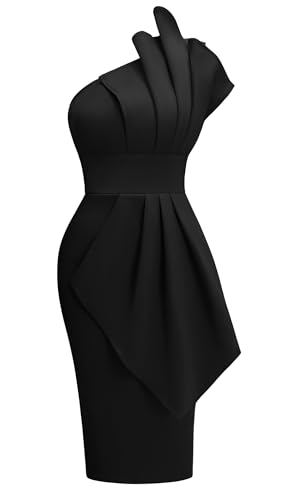 Memoriesea Women's Elegant One Shoulder Pleated Detail Bodycon Party Club Midi Dress Black