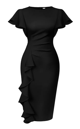 Memoriesea Women's Vintage Church Ruffle Sleeve Ruched Bodycon Work Midi Pencil Dress Black