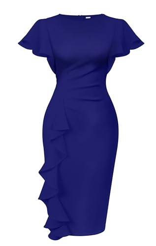 Memoriesea Women's Vintage Church Ruffle Sleeve Ruched Bodycon Work Midi Pencil Dress Royal Blue