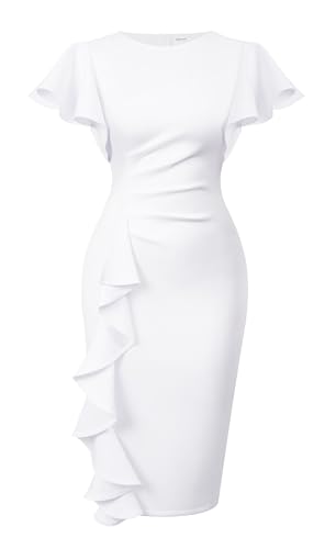 Memoriesea Women's Vintage Church Ruffle Sleeve Ruched Bodycon Work Midi Pencil Dress White