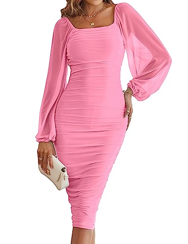 MEROKEETY Ruched Dresses for Women 2024 Sexy Long Lantern Sleeve Slim Fit Zipper Wedding Guest Dress,Pink,S