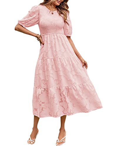 MEROKEETY Summer Dress for Women Elegant Smocked Short Puff Sleeve Floral Solid Midi Maxi Dresses,Pink,S