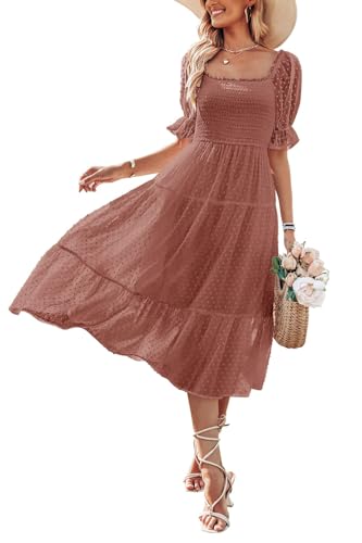 MEROKEETY Women's 2023 Summer Boho Square Neck Smocked Solid Color A Line Beach Midi Maxi Dresses, Mauve, L