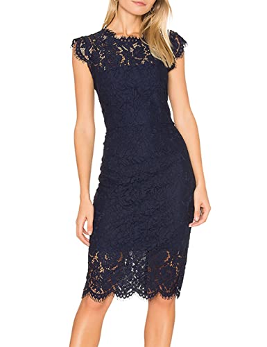 MEROKEETY Women's 2024 Lace Floral Midi Dresses Classic Elegant Party Dinner Photoshoot Dress, Navy, Medium