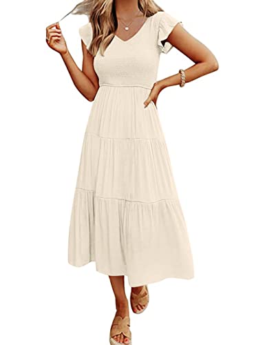 MEROKEETY Women's Flutter Sleeve Smocked Midi Dress V Neck Casual Tiered Dresses with Pockets, Beige, M