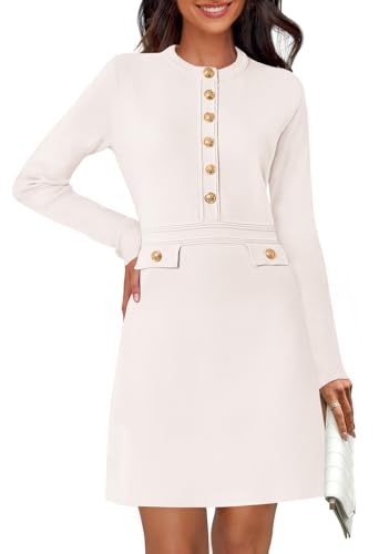 MEROKEETY Women's Long Sleeve Bodycon Sweater Dress Button Crew Neck Elegant Formal Mini Dresses, Ivory, Medium