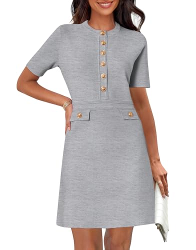 MEROKEETY Women's Summer Casual Button Down Short Dress High Waist Fitted Business Work Sweater Dresses, LightGrey, Large