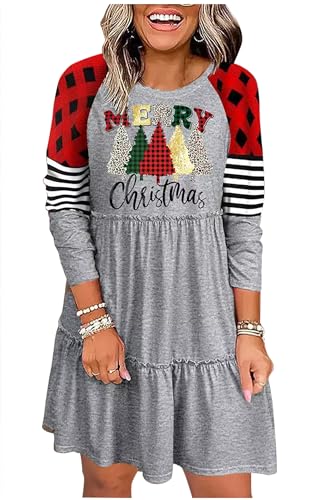 Merry Christmas Tree Plaid Striped Mini Dress for Women Xmas Holiday Ruffled Tunic Mini Dress Long Sleeve Swing Dresses(Christmas/Grey,X-Large)