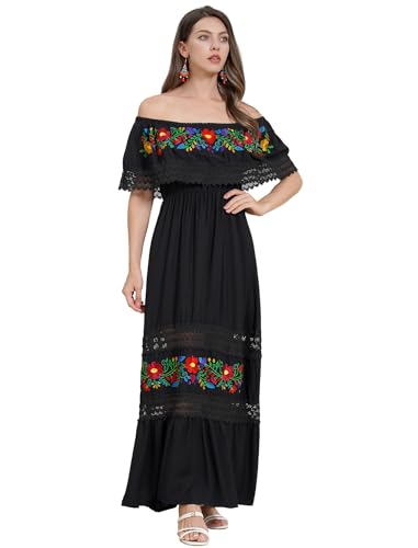 Mexican Dress for Women Floral Embroidered Dress Off Shoulder Long Maxi Dress Traditional Ethnic Cinco De Mayo Fiesta Party Outfit Summer Beach Holiday Vacation Boho Dress Black L