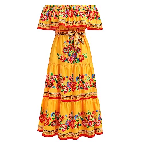 Mexican Dress for Women: Traditional Fiesta Outfit Cinco De Mayo Bohemian Floral Boho Summer Dresses for Women 2023 Beach Gown Mexico Clothes Maxi Party Casual Sundress Yellow X-Large