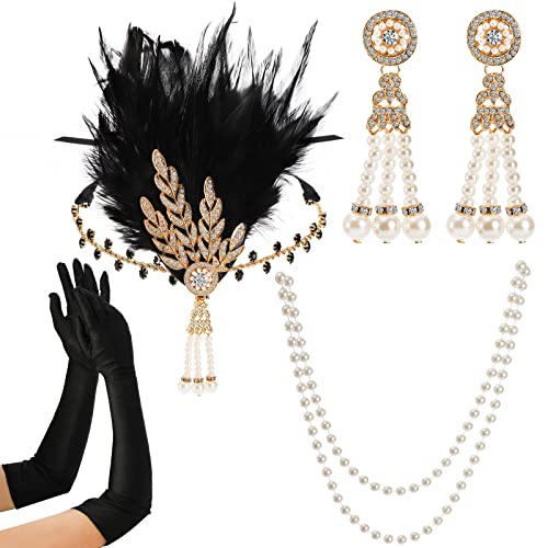 Mezchi 5 Pack 1920s Gatsby Flapper Accessories Set, 20s Party Costume Headband for Women, Feather Flapper Headpiece, Pearl Necklace and Earrings, Gloves, Faux Holder