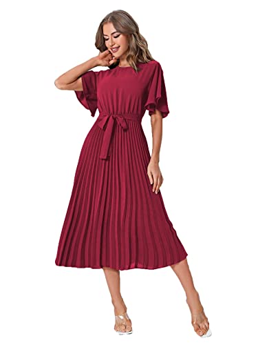 Milumia Women's Elegant Belted Pleated Flounce Sleeve Long Dress Burgundy X-Large