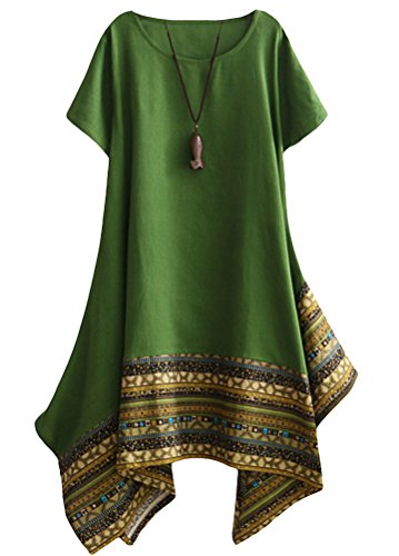 Minibee Women's Ethnic Cotton Linen Short Sleeves Irregular Tunic Dress(3XL Green)