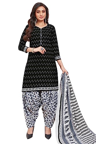 Miraan Women's Unstitched Cotton Printed Dress Material Free Size Black